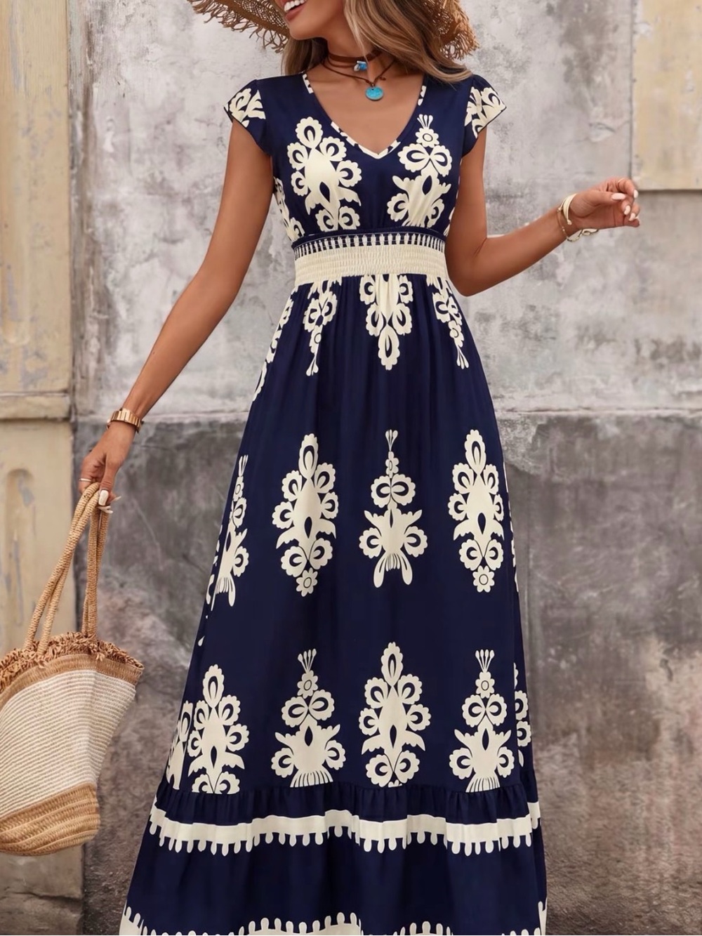 Women's Navy Blue Maxi Dress with Ivory Embroidery - Picture 2 of 2